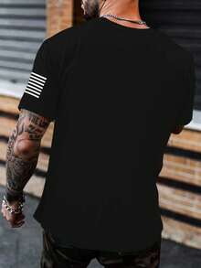 男士休闲时尚百搭日常旗帜印花圆领短袖T恤，夏季 - 黑色 - 查看 2