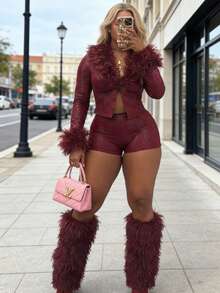 Women's Fashion Fuzzy Faux Leather Set Snake Print Long Sleeve & Elastic Casual Shorts,Two Piece Set Women - 酒紅色 - 查看 1