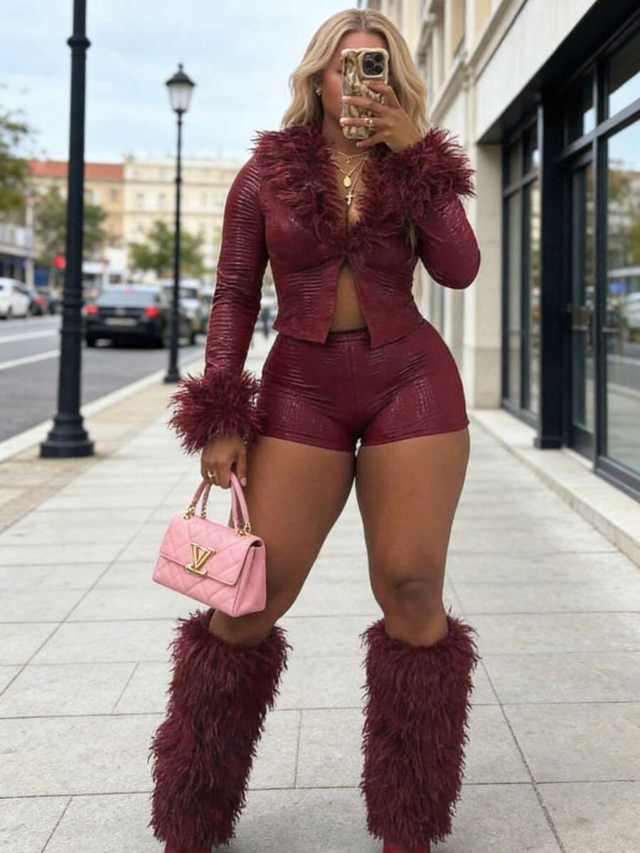 Women's Fashion Fuzzy Faux Leather Set Snake Print Long Sleeve & Elastic Casual Shorts,Two Piece Set Women - 酒紅色 - 查看 1