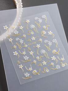 春夏白色雏菊美甲贴纸，法式风格，白色花瓣，金色线条，闪粉自粘塑料美甲贴花，半哑光，一次性使用，不规则形状，适用于玻璃表面装饰美甲用品 - 彩色 - 查看 11
