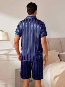 Men's Satin Pajama Set, Novelty Gift, Lightweight Breathable Quick-Dry Comfortable Fabric, Gift For Friends/Partner/Lover, Party/Birthday Present - Blue - View 3