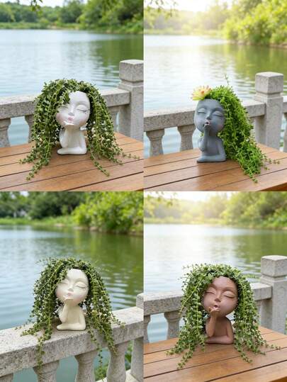 Cute Girl Face Resin Planter - Portable Fairy Garden Planter, Suitable For Plant Lovers, Indoor/Outdoor Miniature Landscape And Terrarium Plants, Garden Decor, Room Decor, Home Decor, Outdoor Holiday Decor