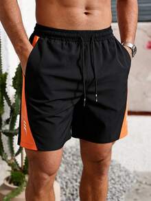 1pc Men's Black & Orange Shorts, Comfortable Soft Drawstring Waist Casual Beach Shorts, Suitable For Water Activities, Beach, Vacation, Pool, Summer - Black - View 2