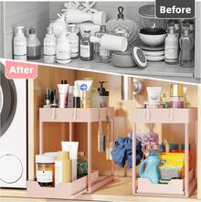 Euuztu Under Sink Organizer 2 Pack, Sink Pull-Out Sliding Storage Cabinet, 2-Tier Under Shelf Organizer Kitchen Bathroom, Pink - Hồng - Xem 3