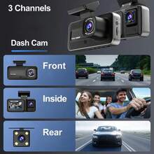 1080P 3-Channel Dash Cam - Front/Interior/Rear (Optional) Recording, With Infrared Night Vision, Loop Recording, Wide Angle DVR, 2.0" IPS Screen, Car Video Recorder, 150mAh Lithium Battery, Multi-Functional Car Accessory - Black - View 3