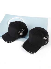 朋克风金属链条别针棒球帽，街头酷炫黑色后扣帽 - 黑色 - 查看 3