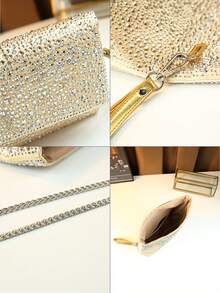 New European & American Elegant Evening Bag, Rhinestone Embellished Flap Cover Large Capacity Shoulder & Crossbody Bag - Gold - View 5