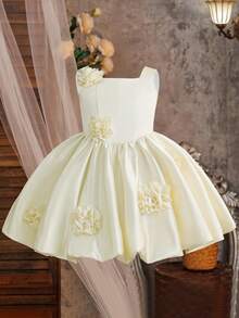 Young Girls' Solid Color Square Neck 3D Floral Satin Elegant Tulle Princess Dress, Suitable For School Party, Birthday, Wedding, No Headband Included - 香檳色 - 查看 2