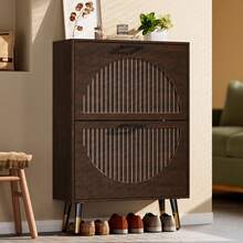 Farmhouse Shoe Cabinet Storage For Entryway, Slim Shoe Rack Cabinet With Flip Drawers, Narrow Shoe Organizer Cabinet With Stylish Round Panel, Metal Leg And Handle - Walnut - View 1