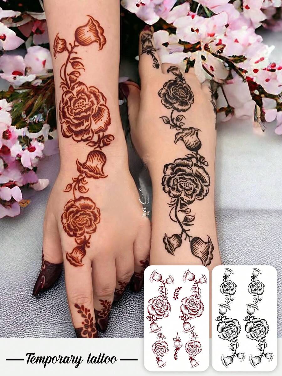 2张情人节草莓花卉临时纹身贴纸，防水防汗，红黑玫瑰藤蔓图案，鲜艳花卉手部和指甲假纹身，植物临时纹身 - 适用于生日、婚礼和派对装饰，可持续3-5天 - 彩色 - 查看 1