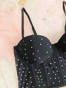 1pc Black Rhinestone Spaghetti Strap Tight Top - Mesh Panel Waist Cinching Bust Enhancing Sexy Chic For Dates & Parties - Black - View 2
