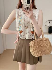 Áo croptop không tay khoét lỗ thêu ren kiểu Pháp ngọt ngào và cay nồng dành cho nữ, thích hợp cho kỳ nghỉ. - Màu be - Xem 2