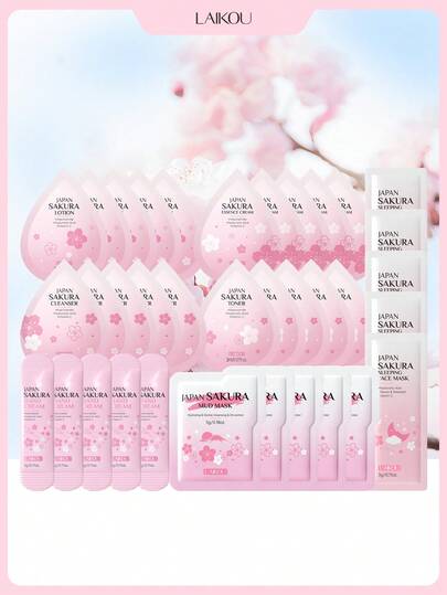 35件套滋养型LAIKOU日本樱花护肤套装，亮肤旅行装（樱花洁面乳2g*5+樱花爽肤水2ml*5+樱花化妆水2ml*5+樱花精华霜2g*5+樱花泥面膜5g*5+樱花护手霜3g*5+樱花睡眠面膜3g*5） 女士自用彩妆护肤SPA礼品，适合送给妈妈、妻子、姐妹、少女、女朋友