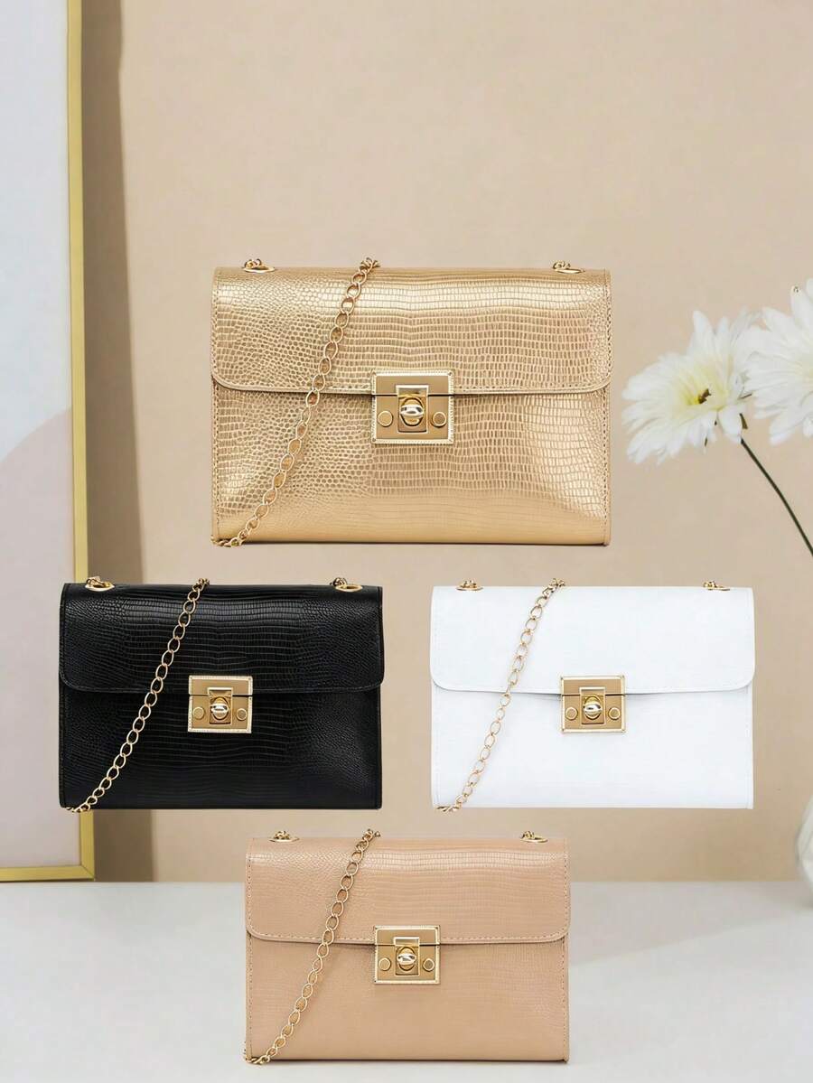 1 件女士极简蜥蜴纹链条扭扣斜挎方包，适合派对、旅行、日常使用，也是理想的礼物之选。 - 彩色 - 查看 1