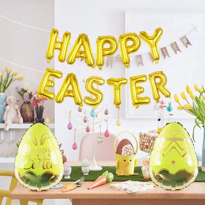 13pcs Happy Easter Balloon Set, Includes "HAPPY EASTER" Letter Foil Balloons, Egg-Shaped Balloons, Suitable For Easter Theme Party, Birthday Gathering, Home Decor, Egg Hunting