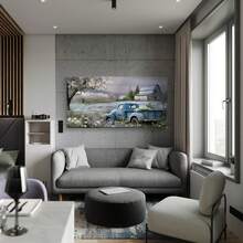 2d Flat, With Inner Frame 1 Pc Simple Blue Truck And Vintage Vehicle With Flowers. Wooden Framed Canvas Painting Thickness 2.25cm/0.9inch High Quality Wall Art Prints Poster Direct Hanging Wall Picture Decor Home Gifts, Living Room, Bathroom, Bedroom, Kitchen - 1 - View 4