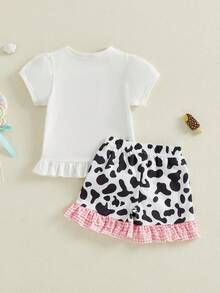 Toddler Girls Outfits Western Baby Clothes Cow Bow Strawberry Shorts Sleeve Ruffle Shirt Shorts Summer Outfit Set - 黑色 - 查看 7