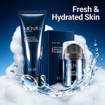 Set de cuidado de la piel para hombres 2 en 1 | Limpiador facial de control de grasa + Humectante refrescante | Apto para piel grasa/mixta | Práctico para viajar