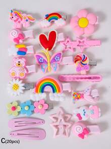 20pcs/Pack Girls' Candy, Star, Flower, Animal, Heart, Rainbow Hair Clips, Cute Side Bangs Clips, Minimalist Bangs Clips, Ponytail Holders, Elastic Hair Ties, Versatile Hair Accessories, Suitable For Daily Use, Gift - Multicolor - View 3