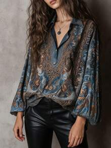 女士休闲碎花落肩长袖衬衫，百搭日常穿着，适合秋冬春假 - 藍色 - 查看 3