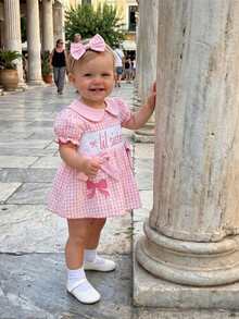 Infant Baby Girl Summer Plaid Bow Embroidered Short Sleeve Doll Collar Romper Dress With Headband 2 Piece Clothes Set - 粉色 - 查看 4