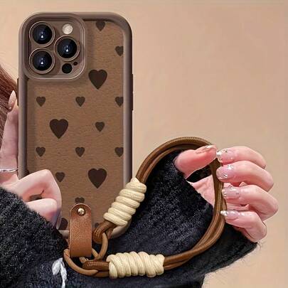1pc Heart Print Pattern Phone Case With Lanyard, Shock-Proof And Anti-Fall, Suitable For Models 17, 16, 15, 14, 13, 12 Phone Cases, 11 Pro Max, Plus, X, 8, 7, Popular Birthday Gift, Business Gift, Anti-Fingerprint, Brand New, Unisex, Brown Color With Heaert, Brown Lanyard, Accessories For Travel, Daily Essential, Fashionable Design, Anti-Pollution Coating, Tech Enthusiasts, Gift Buyers