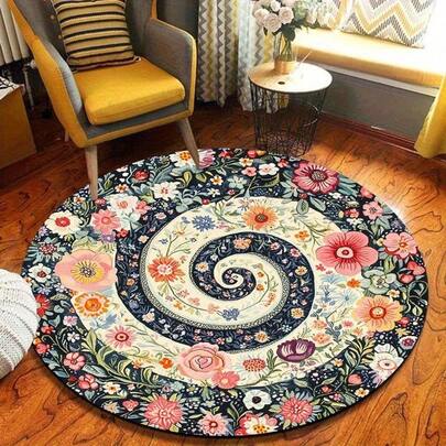 1pc Floral Swirl Round Area Rug, Lightweight And Machine Washable, Home Decor, Vintage Retro Style, Creates A Warm And Artistic Ambiance, Suitable For Living Room, Bedroom Or Study, Makes A Thoughtful Housewarming Or Birthday Gift. Decorative Carpet, Living Room Home Decor, Outdoor Rug, Washable Rug, Suitable For Party Decoration, Enhances Home Style, Essential Decor To Add Holiday Charm