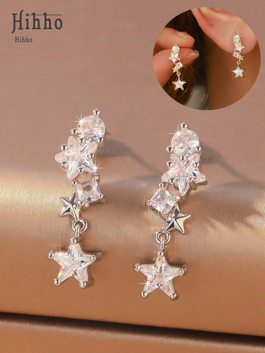 Hihho 1 Pair Silver/Gold Starry Tassel Earrings, Combining Romantic Cosmic Imagery And Flowing Tassel Texture, With Dreamy Atmosphere And Visual Extension. Suitable For Light Party/Ambiance Outfits, To Create A Dynamic Look