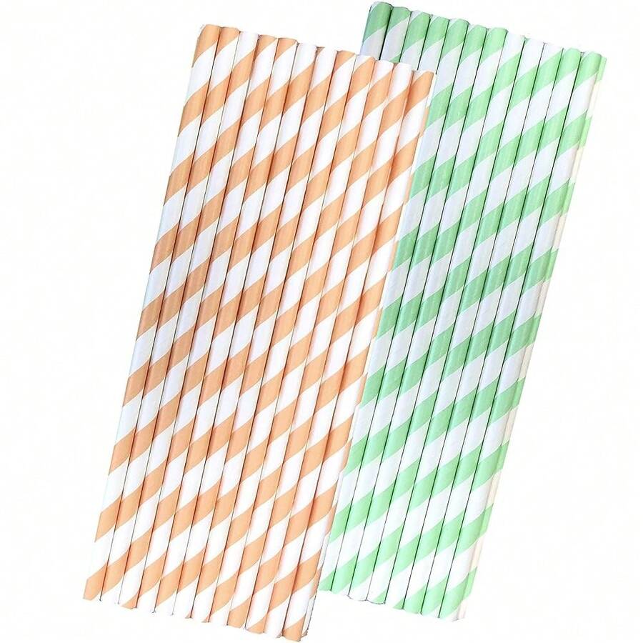 Striped Paper Straws - Mint Gre1en Peach White - 7.75 Inches - Pack Of 50Brand - 青桃 - 查看 1