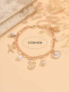 1pc Summer Beach Vacation Style Multi-Pendant Anklet, Fashionable Metallic Starfish & Natural Seashell Charm Jewelry For Women, Suitable For Daily Dates, Vacation Outfits. The Shape, Size And Pattern Of The Natural Seashells Are Random. - Multicolor - View 4
