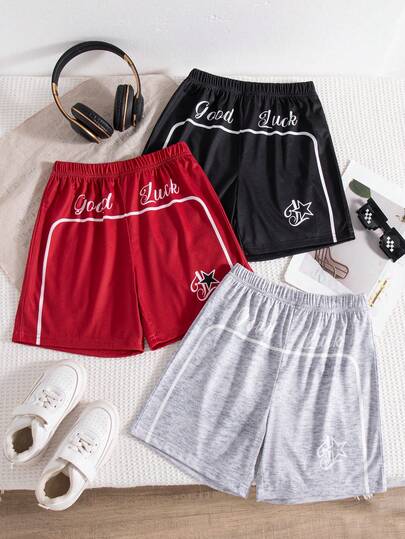 3-Piece Set/Multi-Piece Combination Pack For Boys' Everyday Casual Outings, Stylish Letter Print Patterned Straight Leg Shorts For Spring And Summer.