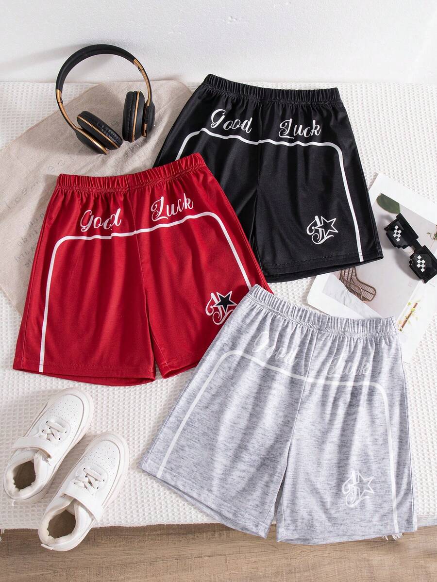Conjunto de 3 piezas/Paquete de combinación múltiple para salidas casuales diarias de niños, pantalones cortos rectos con estampado de letras elegante para primavera y verano. - Multicolor - Ver 1