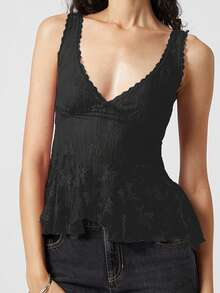 Women Y2k Babydoll Tank Tops Lace Patchwork Deep V Neck Sheer Peplum Camisole Top Summer Aesthetic Ruffle Flowy Vest Tops Beach Party Going Out Shirts - 黑色 - 查看 2