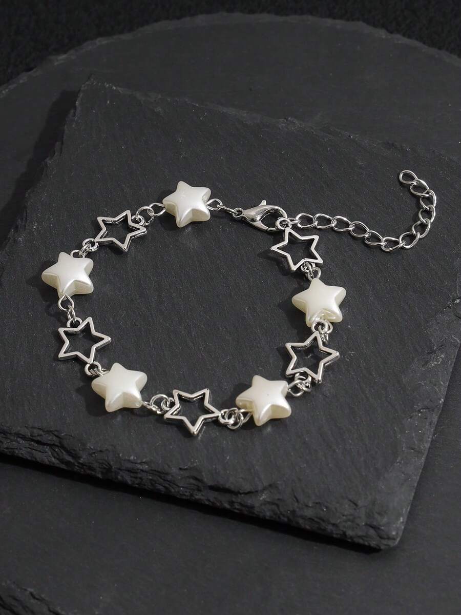 1件复古做旧星星和人造珍珠串珠手链，时尚百搭的女士星星珍珠手链 - 銀色 - 查看 1