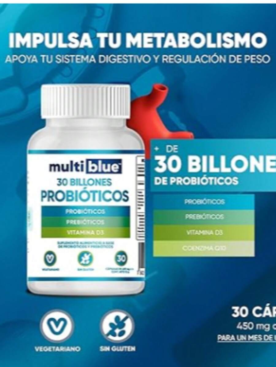 Probióticos y Prebióticos 30 Cápsulas | 30 Billones UC | Lactobacillus, Acidophilus, Paracasei y Vitamina D3 | 100% Natural, Sin Gluten | 1 capsula diaria (1 mes) | Suplementos Alimenticios MULTIBLUE - Blanco - Ver 1