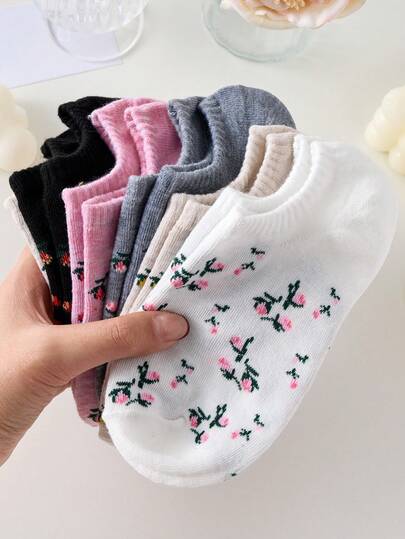 5 Pairs Women's Floral Print Boat Socks, Suitable For All Seasons, Random Colors