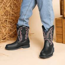 Kids Cowboy Boots, Western Style Riding Mid Calf Boots With Square Toe For Toddler & Little Boys And Girls - màu đen - Xem 2
