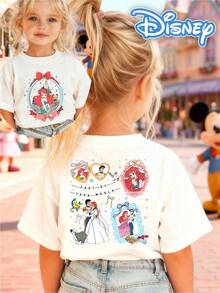 [Disney Authorized] Front: Ariel With Castle And Bow Elements Back: Ariel And Prince Eric With Flounder And Sebastian Elements And Text "PART OF YOUR WORLD" Double-Sided Print Pattern Girls' T-Shirt - Children's Clothing Design Short-Sleeve Casual Cute Style Comfortable And Relaxed Suitable For Boys And Girls, Perfect For Parties And Play Machine Washable Gift Children's Clothing Girls' Short-Sleeve Shirt - 白色 - 查看 1