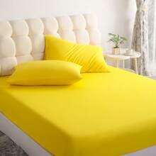 3pcs Solid Color Fitted Sheet Set  With 1pc Fitted Sheet+2pcs Pillow Case Without Filler, Modern Soft Bedding Set For Household Sheet Deep Pocket Up To 15 Inch - 黃色 - 查看 2