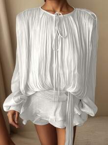 Tie-Up Ruffle Collar Double-Layer Lantern Sleeve Shirt Dress Party Wedding - White - View 6