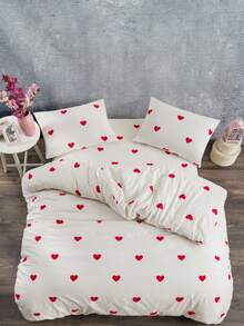 Cotton Blend Duvet Cover Set – Heart Pattern Bedding Set, Soft & Breathable With Red Hearts – Made In Turkey - White - View 7