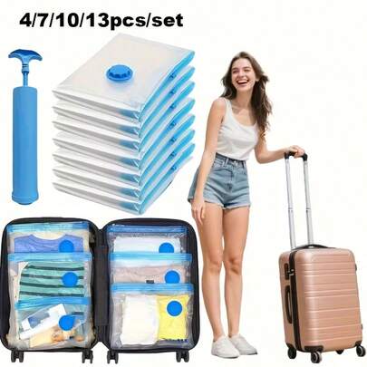 4/7/10/13-Piece Vacuum Storage Bags (With Manual Pump) – Thick Plastic Material, Strong Sealing Compression, Space-Saving, Suitable For Clothing, Bed Covers, Seasonal Garments – Ideal For Use In Wardrobes, Travel, And Home Storage. For .