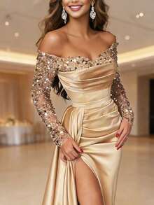 Women's Sexy One-Shoulder Long Sleeve Beaded V-Neck Large Swing Sequin Slit Elegant Long Dress For Party Prom - Vàng - Xem 2