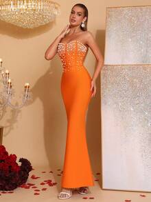 New Sexy Strapless Pink Pearl Decor Wedding Party Cocktail Evening Gown - Jeruk - View 6