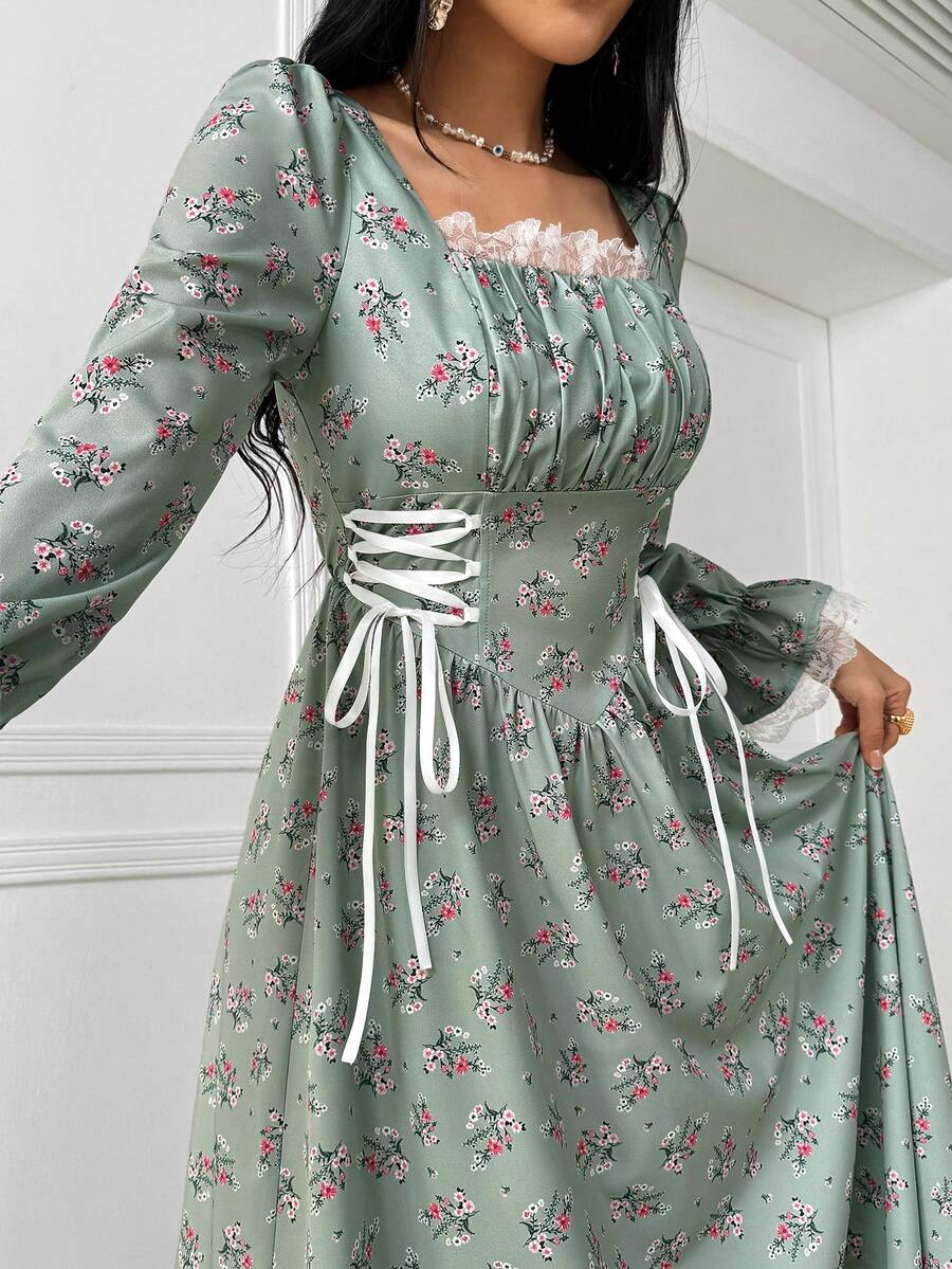 Elegant Apricot A-Line Cinched Waist Flare Sleeve Dress Maxi Satin Women Outfit Fall Cloth For Women, Spring /Summer - Multicolor - View 1