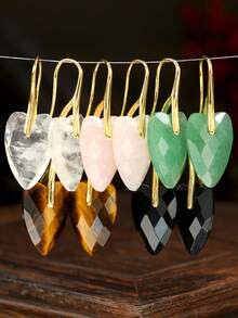 迷人天然石心形吊坠女士耳环 - 13*20mm 天然白石英、粉晶、绿东陵玉、虎眼石、黑曜石多面心形吊坠 - 波西米亚优雅风格，适合日常及节日佩戴。理想的情人节礼物。可爱可摆动设计，休闲装扮及特殊场合皆宜。 - 彩色 - 查看 2