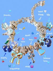 1pc Blue Lucky 8 Ball Charm Bracelet, 1pc Cute Cherry 8 Ball Bracelet, 1pc Adorable Bow & Heart Bracelet, 1pc Cherry Blossom Heart Bracelet - Silver - View 3