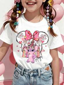 Disney Girls' T-Shirt, Creative Disney Castle Angel Cartoon Print, Summer Girls' Cotton Crew Neck Short Sleeve, Suitable For Everyday Wear, Holidays, Outdoor Activities, And As A Gift For Children. - trắng - Xem 1