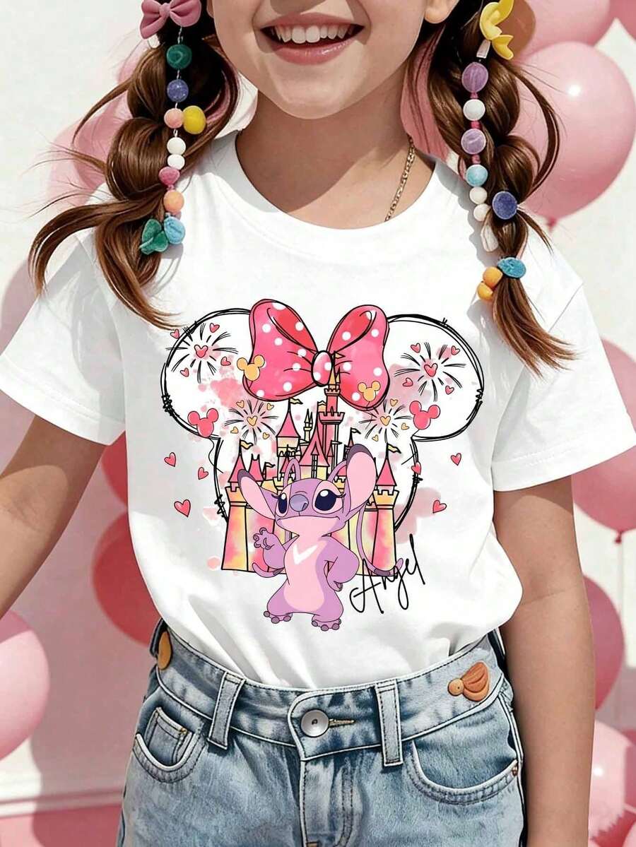 Disney Girls' T-Shirt, Creative Disney Castle Angel Cartoon Print, Summer Girls' Cotton Crew Neck Short Sleeve, Suitable For Everyday Wear, Holidays, Outdoor Activities, And As A Gift For Children. - trắng - Xem 1