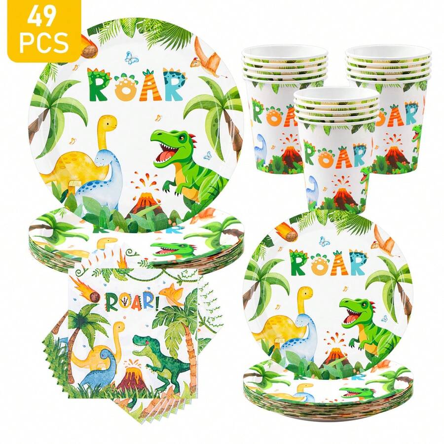 Tropical Dinosaur Disposable Plates, Napkins, Cups - One-Time Party Supplies Set, Fits 8 Guests, Disposable Paper Plates Party Tableware Suitable For Birthday, Wedding, Theme Party, Family Picnic - Multicolor - View 1